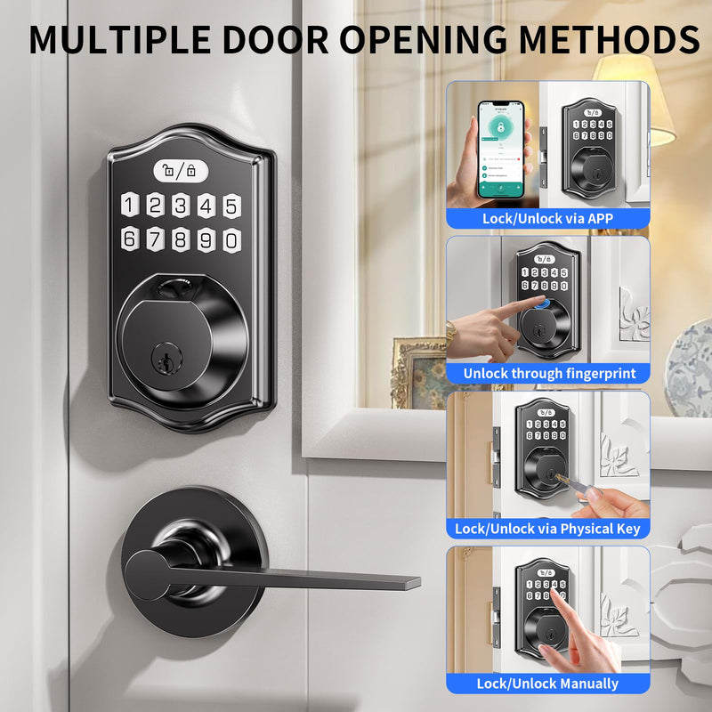 Smart Door Lock Set for Front Door with 2 Lever Handles: Keyless Entry via Fingerprint & Digital Keypad - Electronic Deadbolt App Control and Auto Lock for Easy Installation & Family Security Black