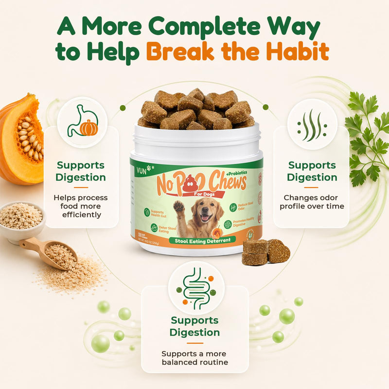 VUN No Poo Chews for Dogs – Coprophagia Stool Eating Deterrent for Dogs,Stop Poop Eating,Reduce Stool Odor & Support Digestion with Pumpkin, Digestive Enzymes & Yucca – 100 Soft Chews