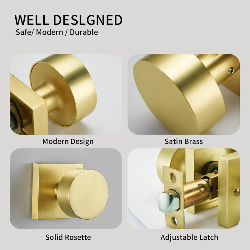Gold Door Knobs,Passage Modern Satin Brass Door Handles Square Rosette for Interior Hallway Closet Passage