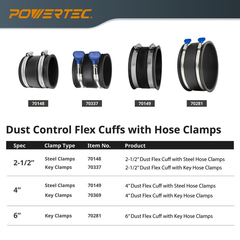 POWERTEC 70369 4 Inch Dust Control Flex Cuff with Adjustable Key Hose Clamps, Hose Connector Rubber Cuff Coupler for Woodworking Dust Collection Fittings, Dust Collector Accessories & Machinery, 1pk