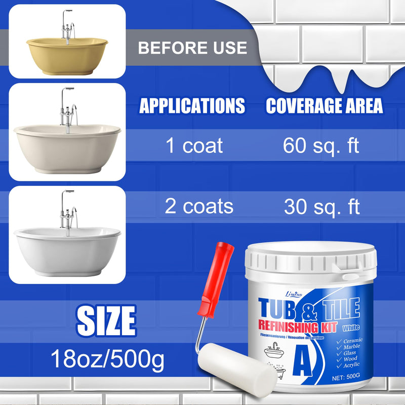 Tub and Tile Refinishing Kit - 17oz Semi-Gloss White Tile Paint with Tools for Bathtub Sink Countertop for Bathroom Kitchen, Bathtub Paint for Ceramic, Porcelain Fiberglass, Low Odor, 25-30 sq.ft 17 Fl Oz (Pack of 1)