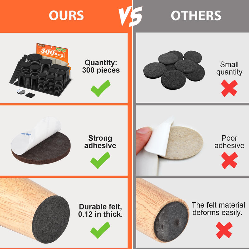 Felt Furniture Pads 300 Pieces, Furniture Pads for Hardwood Floors, Felt Pads for Chair Legs Furniture, Floor Protectors for Furniture Black 300pcs Black New