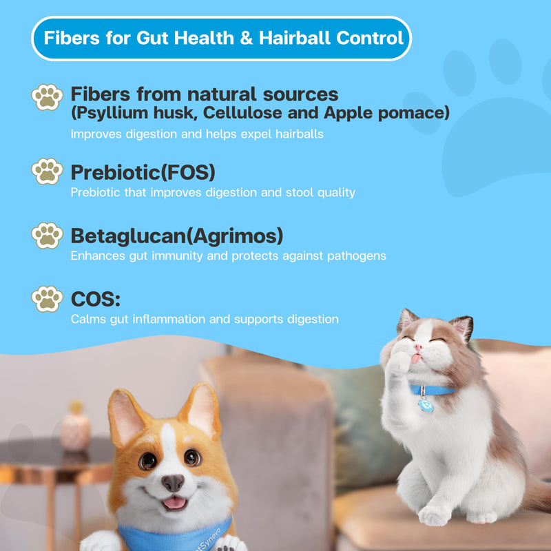 Fiber for Cats & Dogs – Tuna with Salmon – Cat Hairball Remedy & Cat Constipation Relief – 6 Functional Fibers with Prebiotics for Gut Health, Hairball Control – 30 Sachets