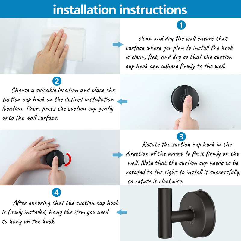 DGYB Large Suction Cup Hooks for Shower Set of 2 Black Towel Hooks for Bathrooms Stainless Steel Suction Shower Hooks for Inside Shower 15 Lb Removable Wall Hooks for Hanging Heavy Duty Matte Black