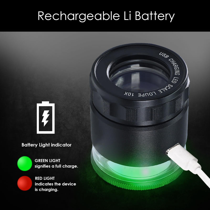 10X Rechargeable Jewelers Loupe Magnifier with LED Light & Detachable Reticle Scale, 25mm Field of View, Adjustable Focus Scale Loupe Jewelry Magnifying Glass for Gems, Coins, Watches, Close Work
