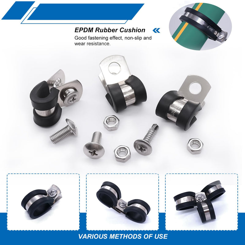 Twidec/50PCS 1/4 Inch Cable Clamp 304 Stainless Steel Rubber Coated Cushion Pipe Clamps,Metal Clamp,With Metal Rubber Clips For Automotive Wire Tube Pipe Clamps N-056-1/4