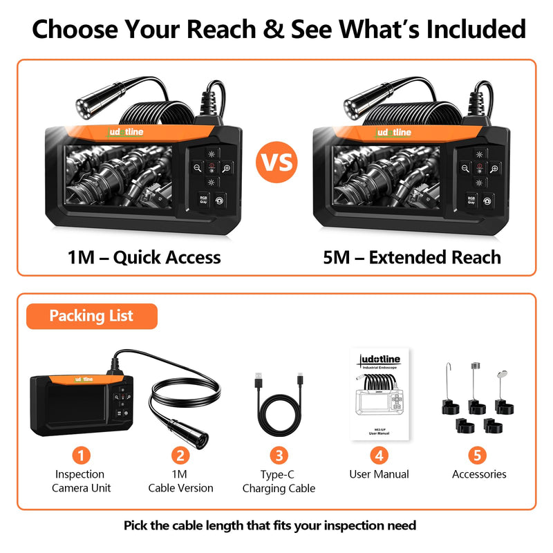 Inspection Camera with 7.2” Built-in Screen, Standalone Endoscope Camera – No Phone Needed, 1m Semi-Rigid Cable, 8 LED Lights, Rechargeable Borescope for Pipe, Wall & Auto Inspection 1m Cable – Close-Range Inspection