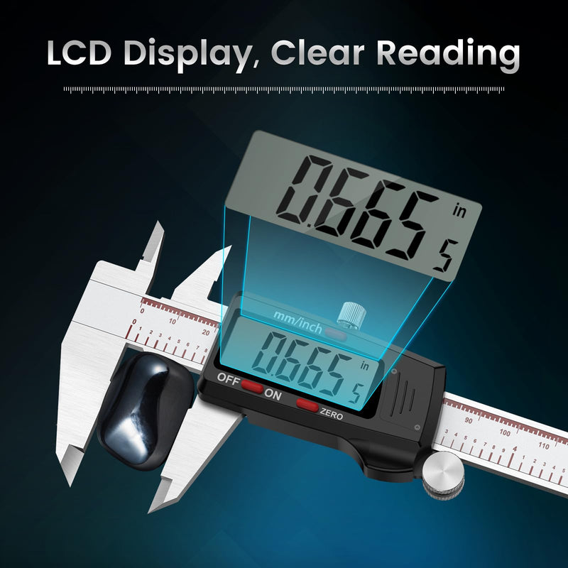 Digital Caliper 6 Inch, Caliper Measuring Tool with Large LCD Screen, Inch/MM, 4 Measuring Ways, Auto-Off LCD Stainless Steel Micrometer Vernier Caliper for Printing Jewelers Woodworkers Industry Industry-150mm