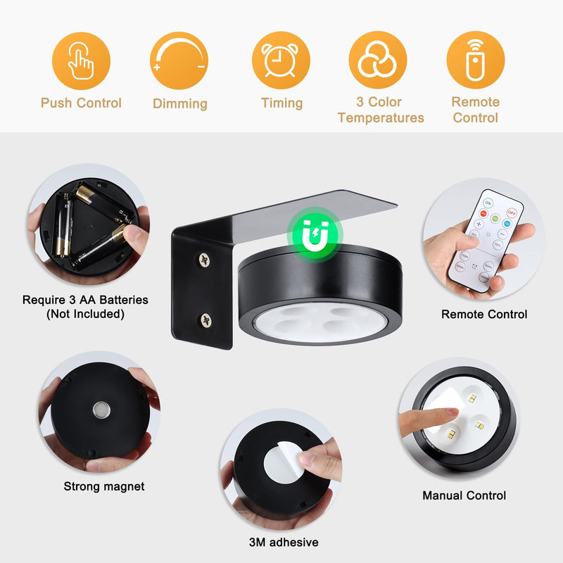 4-Pack Picture Light Battery Operated with Remote, Led Lights Dimmable and Timer Painting Light, Art Display Light for Picture Frame Artworking Portrait, Home Wall Decor Puck Lights, Black Black 4 Pack