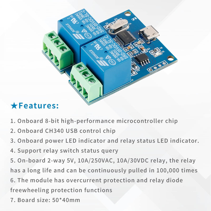 2Pcs LCUS-2 Type Dual-Channel Semiconductor Chip Housings 2-Channel USB Relay Module 5V Relay Module Onboard CH340 Microcontroller Chip USB Intelligent Control Switch Module