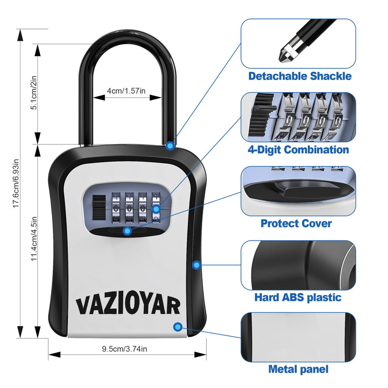 Key Lock Box for Outside, Portable Waterproof Wall Mounted Changeable 4-Digit Combination Key Storage Lockbox, (With Retractable Key Tether+With Shackles) With Retractable Key Tether+With Shackles