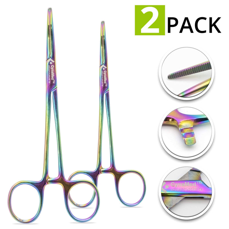 Cynamed Set of 2 Artzone Multi Color Hemostat Forceps with Serrated Jaws, Stainless Steel Rainbow Pliers - 5 inch Small Forceps - 5 in.