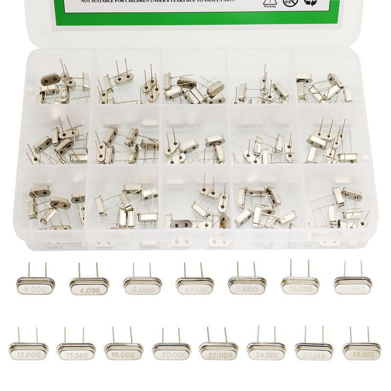 150Pcs 15Value Crystal Oscillator Resonators Assortment Kit 4 MHz，4.096 MHz，6 MHz，6.5536MHz，8 MHz，10 MHz，11.0592 MHz，12 MHz，13.56 MHz，16 MHz，20 MHz，22.1184 MHz，24 MHz，27.145 MHz，48 MHz