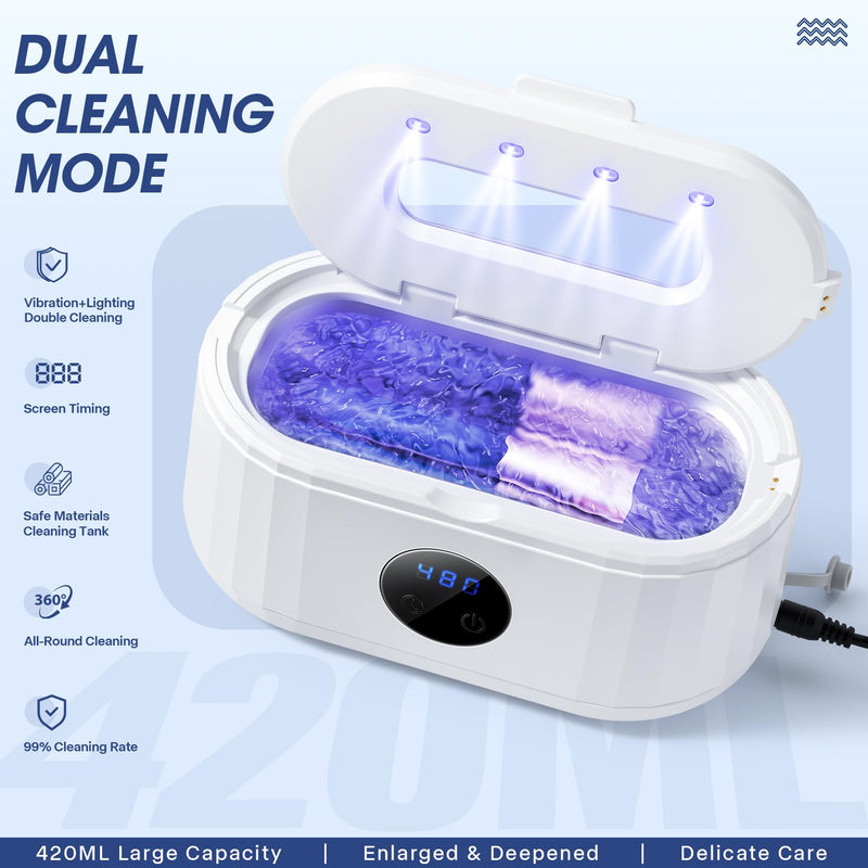 Ultrasonic Jewelry Cleaner,49Khz Ultrasonic Cleaner Machine with Blue Light | Ultrasonic Jewelry Cleaner For Dentures,Retainers, Eyeglasses, Watch,Braces,Rings, Jewelry, 5 Cleaning Modes and LED Display White
