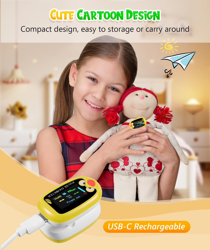 Pediatric Pulse Oximeter, Rechargeable Oximeter for Kids, Baby Oxygen Monitor, Blood Oxygen Saturation, Pulse Rate Monitor, Cute Cartoon Design, USB-C Charging (Yellow)