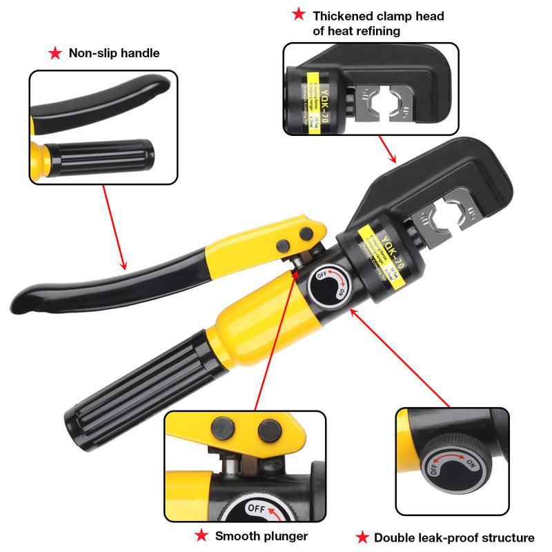 YUZES Hydraulic Crimping Tool 10 Tons 12 AWG to 00 (2/0),Battery Cable Crimping Tool with 4/6/8/10/16/25/35/50/70mm² Hexagonal Crimping Mold,Hydraulic Hose Crimper for Electrical Terminal Cable Wire YQK-70