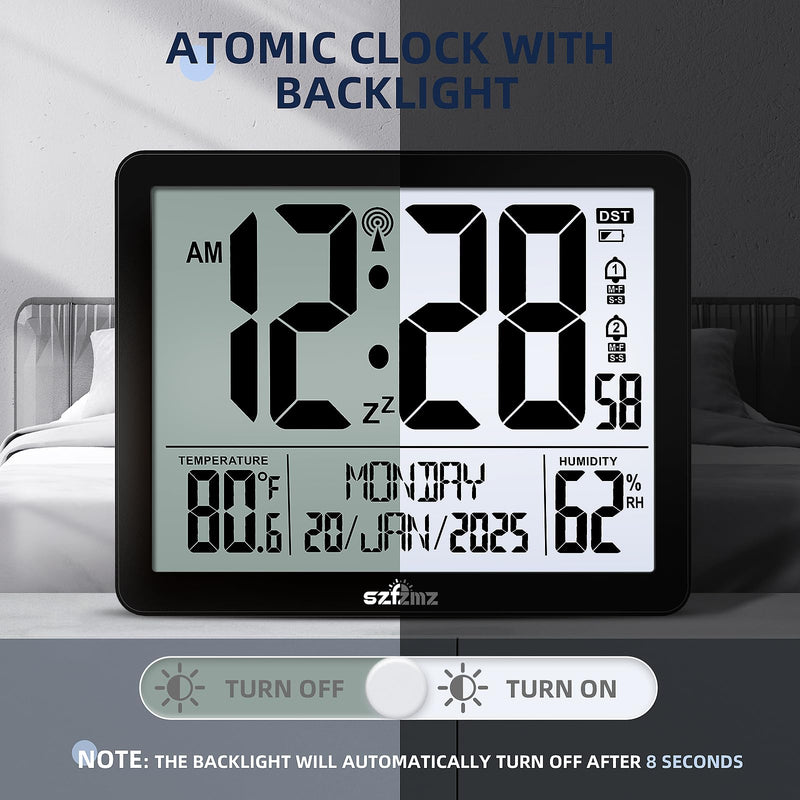 Atomic Digital Wall Clock Battery Operated with Backlight, Desk Clocks with Indoor Temperature & Humidity, 8.5" Small Alarm Clock with Date and Day of Week for Bedrooms, Living Room, Auto DST, Black