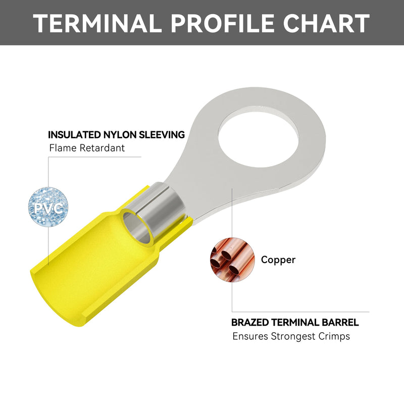 HKS 60PCS Insulated Ring Terminal 5/16" Yellow 12-10 AWG - M8 - Tinned Red Copper - Electrical Wire Connector Kit Crimp PVC 5/16"(M8)