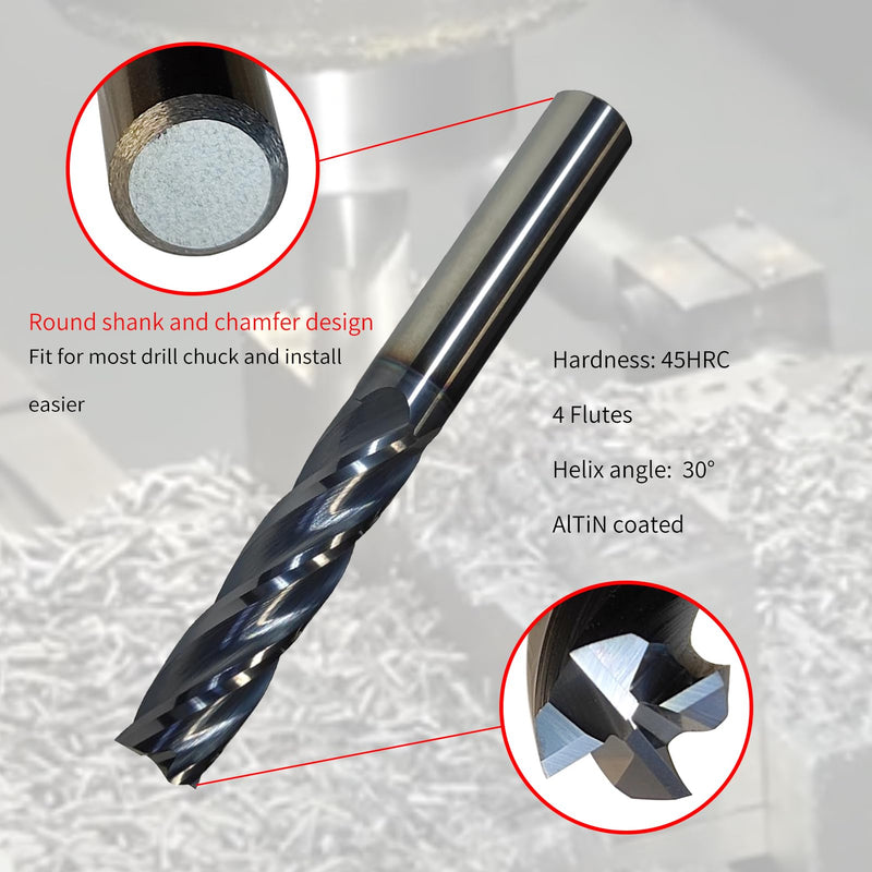 1/2" Carbide End Mill，1/2" Extra Long End Mill, 4" Overall Length, 4 Flute, Solid Carbide Square End Mill, 1/2" Cutting Diameter, 2" Length of Cut, Helix Angle: 30°,AlTiN Coated 1/2"*2"*4”