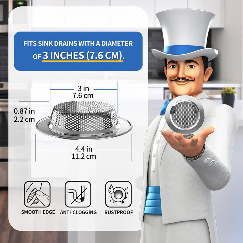 MR.SIGA Kitchen Sink Strainer, Stainless Steel Sink Drain Strainer, Dishwasher Safe, Outer Diameter 4.4 inch/11.2cm, Inner Diameter 3 inch/7.6cm, Pack of 3 Silver normal