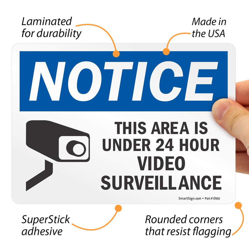 SmartSign (Pack of 4) 5 x7 inch “Notice - This Area Is Under 24 Hour Video Surveillance” Sticker Labels with Symbol, 5 mil Laminated Polyester with SuperStick Adhesive, Blue, Black and White, USA-Made 5" x 7" SuperStick Label (Pack of 4)