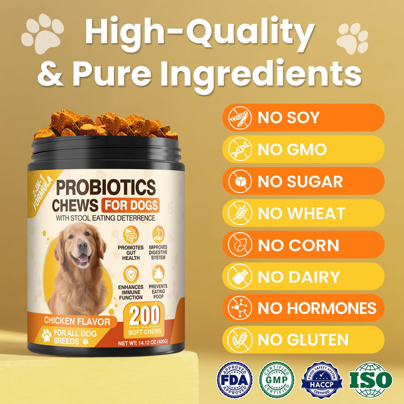 200 Count Probiotic Chew for Dogs-Probiotics Chews for Gut Digestive Health & Itchy Skin Support Relieve Diarrhea Enhance Immunity Breath Freshener with Enzymes Prebiotic Pumpkin-Chicken Chicken