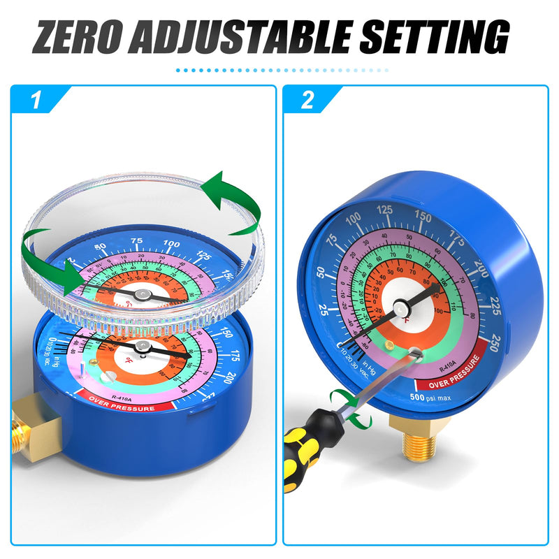 MEANLIN MEASURE Refrigeration Pressure Gauge, 1/8" NPT, 30 in HG to 250Psi and 0-800Psi, 2-3/4" Dial, R-404A, R-22, R-410A, Degree F, with 1/4" NPT and 3/8" NPT Hex Bushing, Lower Mount Red & Blue Dial