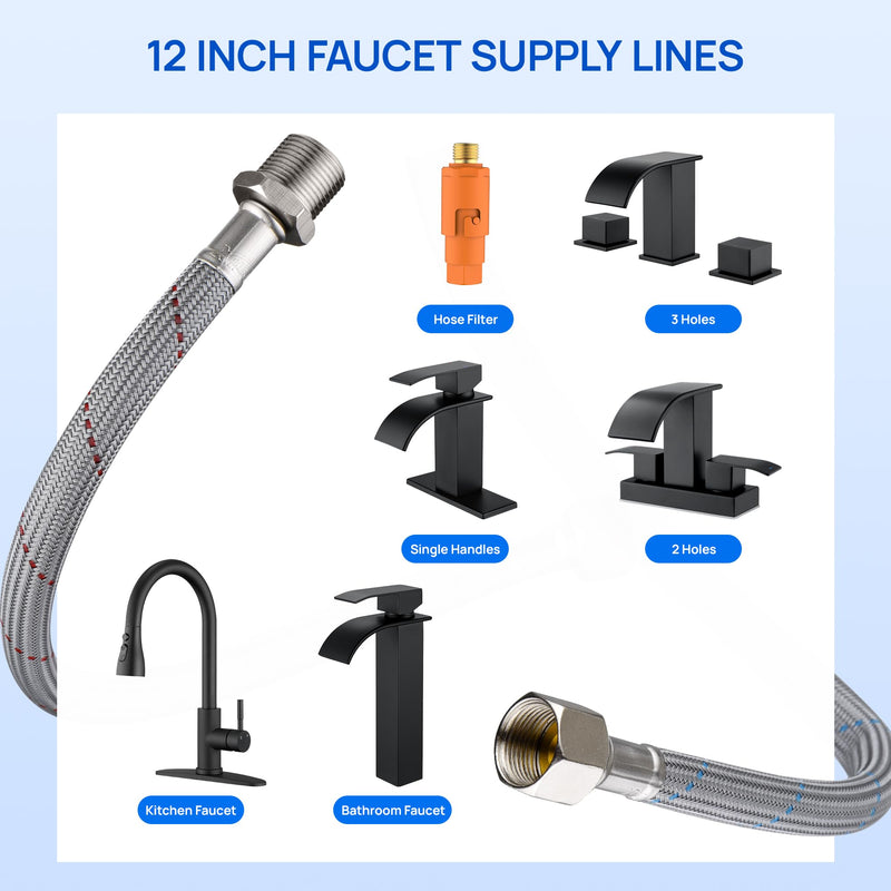 J-HVA Faucet Supply Lines Length 12" x G 3/8, 9/16 Female x 9/16 Male Thread Connector Braided Nylon Extension Hoses for Bathroom Kitchen Sink Faucet Hose Filter, 304 Stainless Steel Nut (1 Pair)