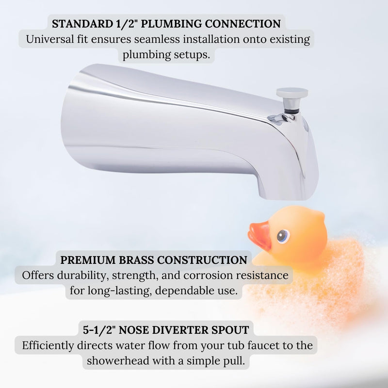 Westbrass A311-26 5-1/2" Reach Brass Wall Mount Tub Spout with Nose Diverter, Polished Chrome