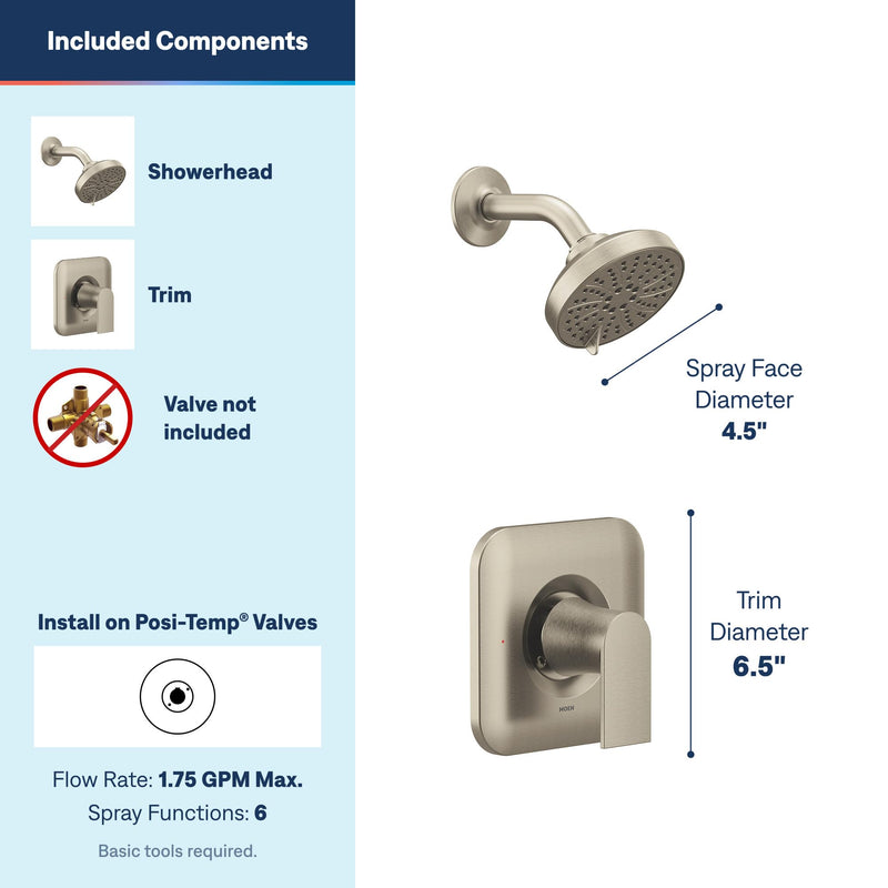 Moen Genta LX Pressure Balancing Eco-Performance Modern Shower Trim with Showerhead and Lever Handle, Posi-Temp Valve Required, Brushed Nickel, T2472EPBN