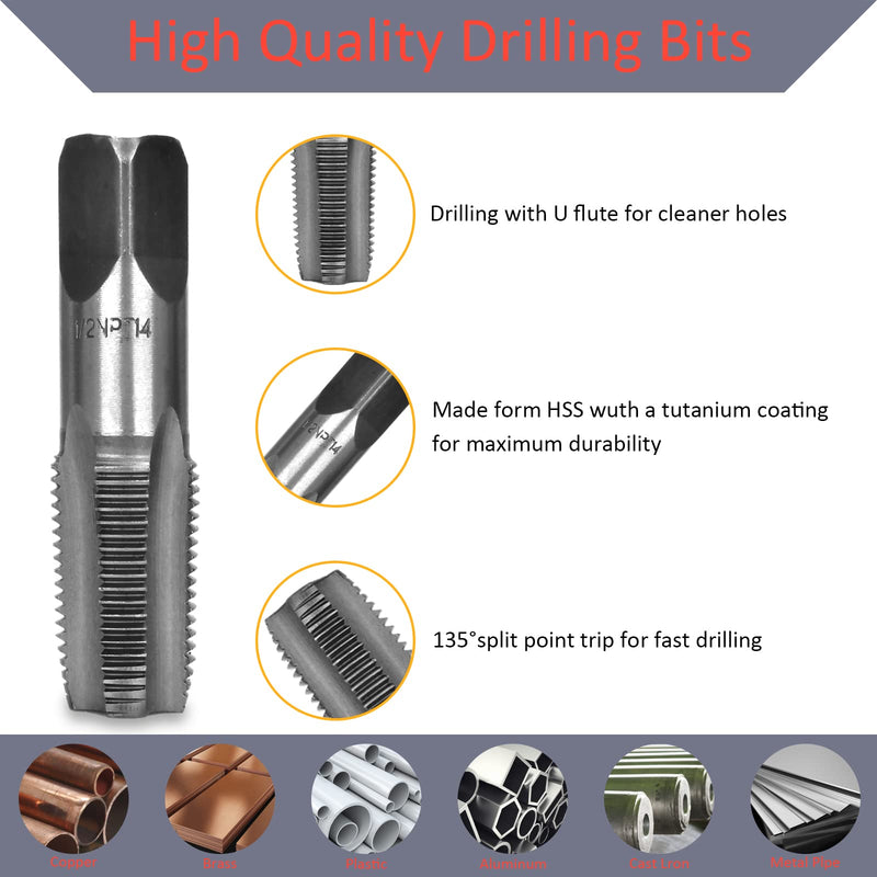 Professional 5 Piece NPT Pipe Tap Set, Carbon Steel NPT Thread Forming Taps and Drill Bits Series Set Tool, Sizes Includes 1/8", 1/4", 3/8", 1/2", 3/4" in Storage Case