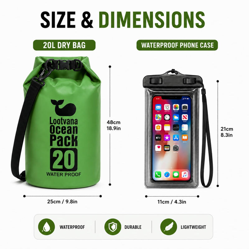 Waterproof Dry Bag with Phone Pouch, 20L Floating Roll Top Dry Sack Backpack for Kayaking, Boating, Paddle Boarding, Beach, Camping & Fishing | Lightweight Marine Gear for Men & Women Forest Green