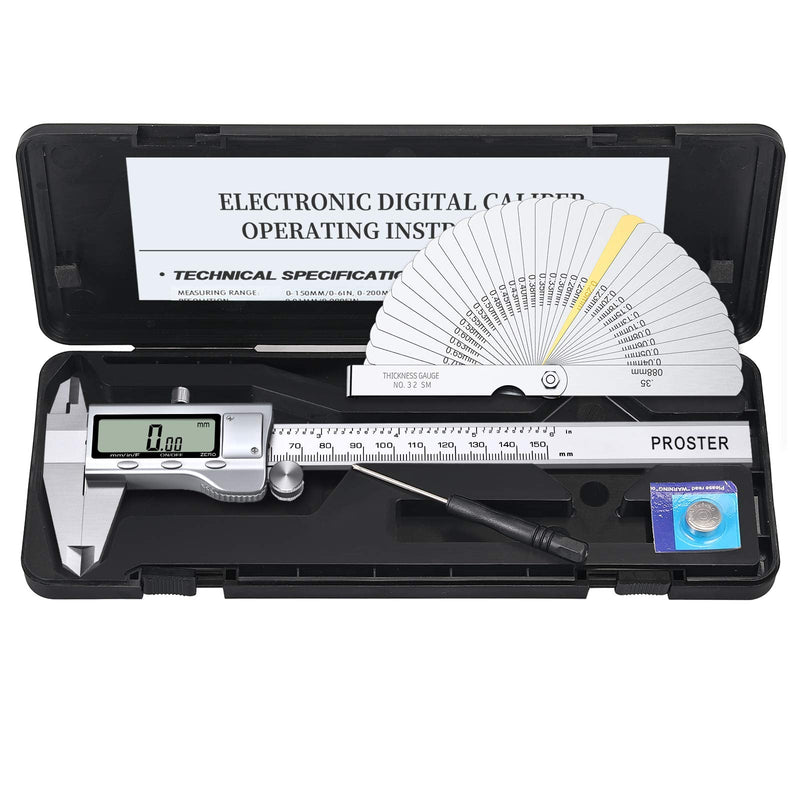 Proster Digital Vernier Caliper 6inch 150mm - Electronic Caliper Fraction/Inch/Metric Dial Caliper for Length Width Depth Inner Outer Diameter, with 32 Feeler Gauges 150 Mm/6 Inch