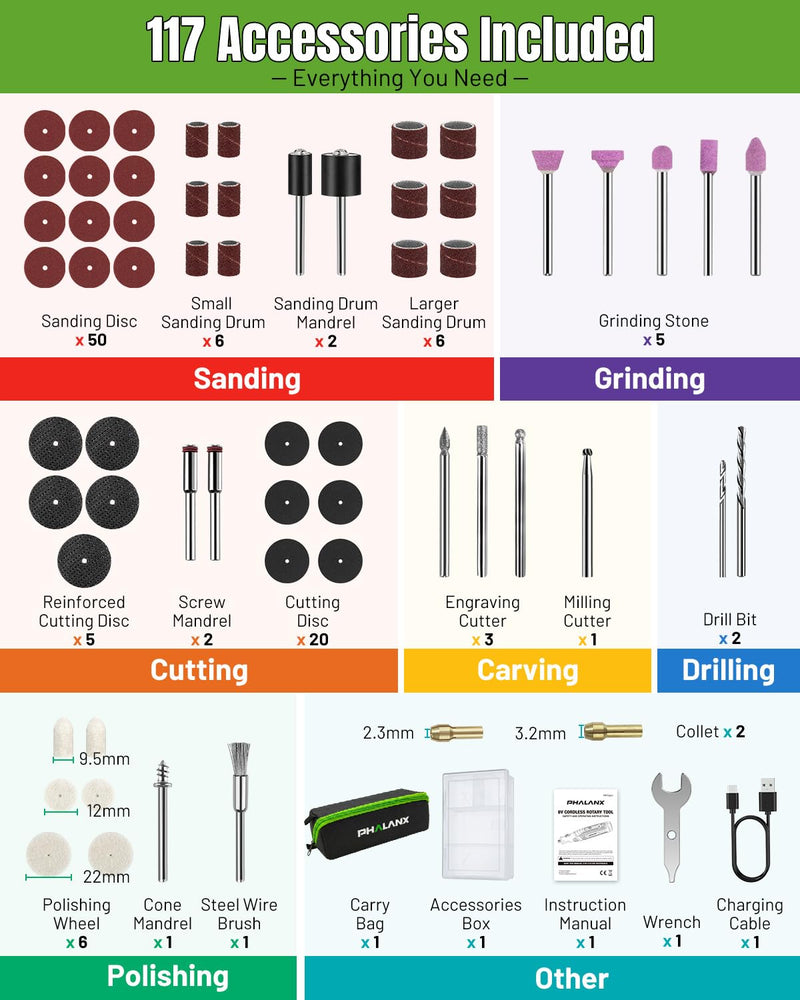 PHALANX Cordless Rotary Tool Kit | 5,000-30,000 RPM/5 Speed, 8V Engraving Pen with 117 Accessories, USB-C, LED Light for 3D Printer Sanding, Polishing, Engraving, Wood Carving, DIY Crafts 8v Rotary Tool Kit