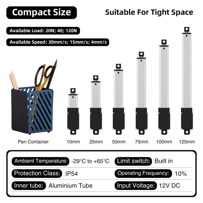 100mm 120N Mini Electric Linear Actuator 4 Inch Linear Motion Actuator 12V Actuators with Brackets for Cabinets, Robotics, Home Automation, Window Opener