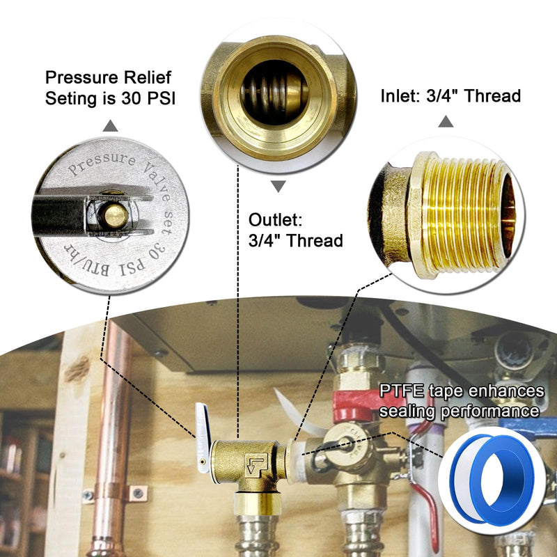Upgraded 3/4" T&P Pressure Relief Valve with 3/4 NPT Thread for Hot Water Heater- 30 PSI ，Pressure Relief Valve for Boiler Water Heater&Cold Water Systems& Water storage Tanks 3/4"with 30PSI