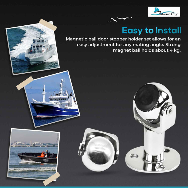 Marine City Magnetic Ball Door Window Stopper Set, 316 Stainless Steel, Corrosion-Resistant, Holds 4kg, Extendable 73mm-100mm, Ideal for Boats, Yachts, Ships