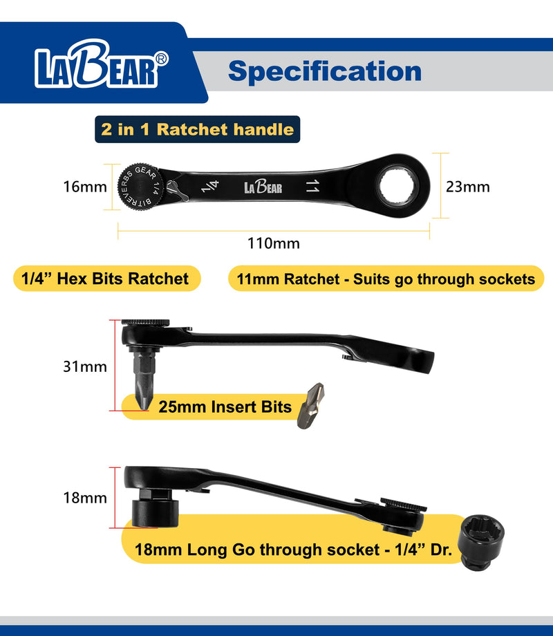 LABEAR Low Profile 2-in-1 Ratchet Wrench Set, 1/4" Bits & Sockets | 31pcs kit, Non-slip socket grip, 90T/120T dual ratchets, Supa-Grip profile, 18mm stubby reach, case included