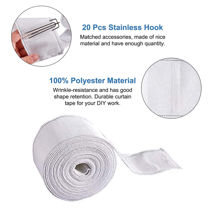 INCREWAY Curtain Accessory, 10 Meters/10.9 Yards White Curtain Tape Curtain Heading Deep Pinch Pleat Tape with 20 Pcs Stainless Steel 4 Prong Curtain Pleater End Tape Hooks Clips for Curtain DIY 10m*7cm 20 Hooks