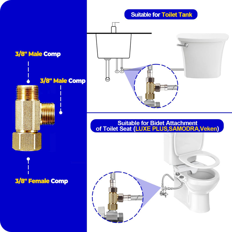 Add-A-Tee,Lead-Free Angle Stop Valve Tee 3/8" Compression Inlet x 3/8" Outlet x 3/8" Outlet，Brass Extender Tee Connector with Built-in Sealing Gasket for Faucet,Glass Rinser,Dishwasher,Toilet Tank 3/8 Comp-3/8 Comp-3/8 Comp Tee(1Pcs)