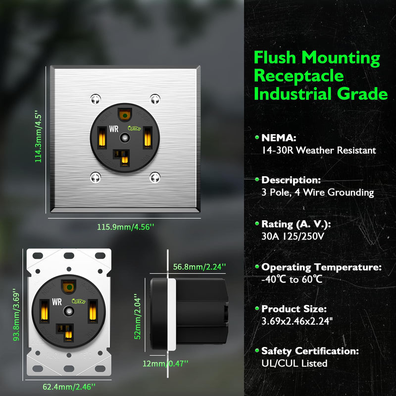 NEMA 14-30R 50A 125/250V Straight Blade Device Receptacle with Wall Plate, Industrial Grade Weather Resistant Receptacle, Built for Sustained High-Power EVs, RVs & Industrial Appliances,Black Wall Plate Included