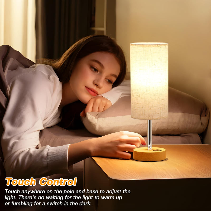 Touch Bedside Table Lamp with USB - 3 Way Dimmable Wood Lamp for Bedroom Nightstand, Desk Lamp with Charging Station for Dorm, Living Room, Office, Kids Room, Nursery, Small Cream & Wooden