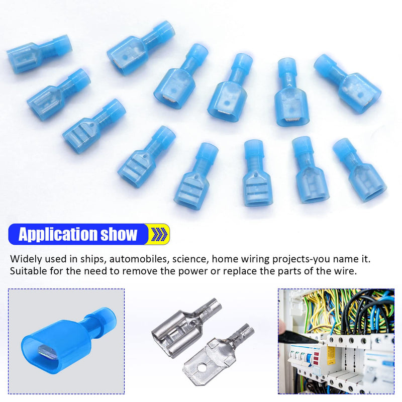 Twidec/100PCS Nylon Spade Connectors Kit 16-14 Gauge Quick Disconnect Fully Insulated Male and Female Wire Spade Terminal Assortment Kit Blue N-025-BU