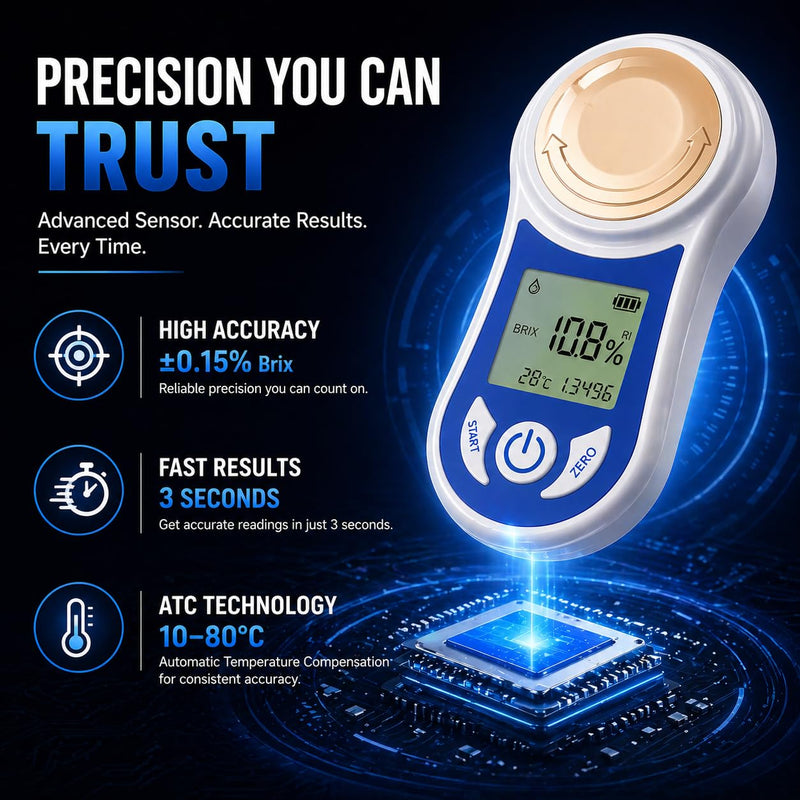 Digital Brix Refractometer 0-55% with ATC, ±0.15% Accuracy, 3-Second Results, Rechargeable Sugar Content Tester for Fruits, Juice, Home Brewing, Wine, Coffee