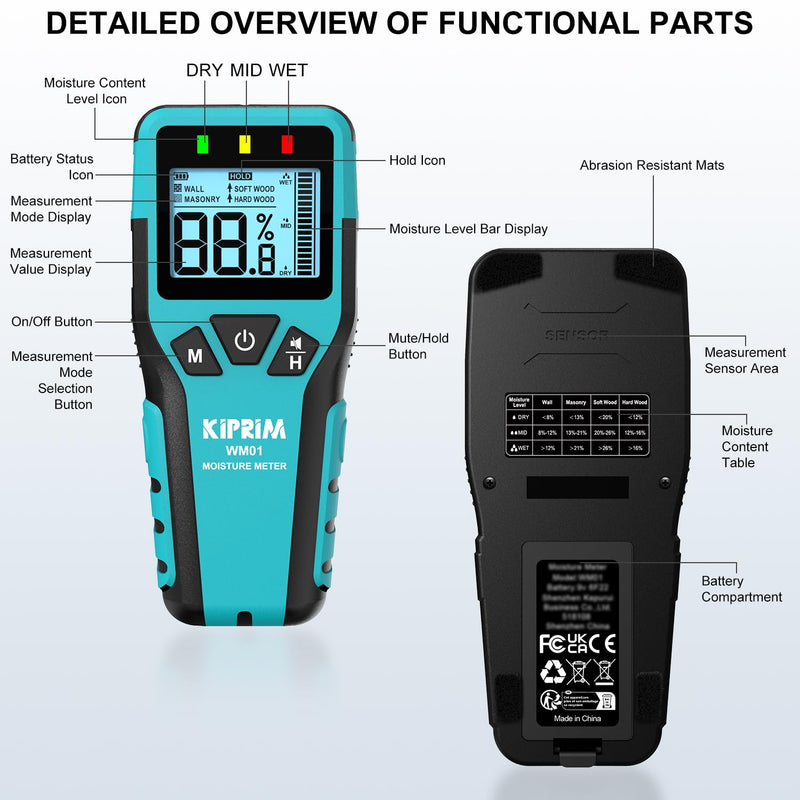 Kiprim Pinless Moisture Meter Home Moisture Level Tester Damp Meter for Floor,Wood, Walls, Concrete – Accurate Non-Destructive Testing Moisture Meter WM01