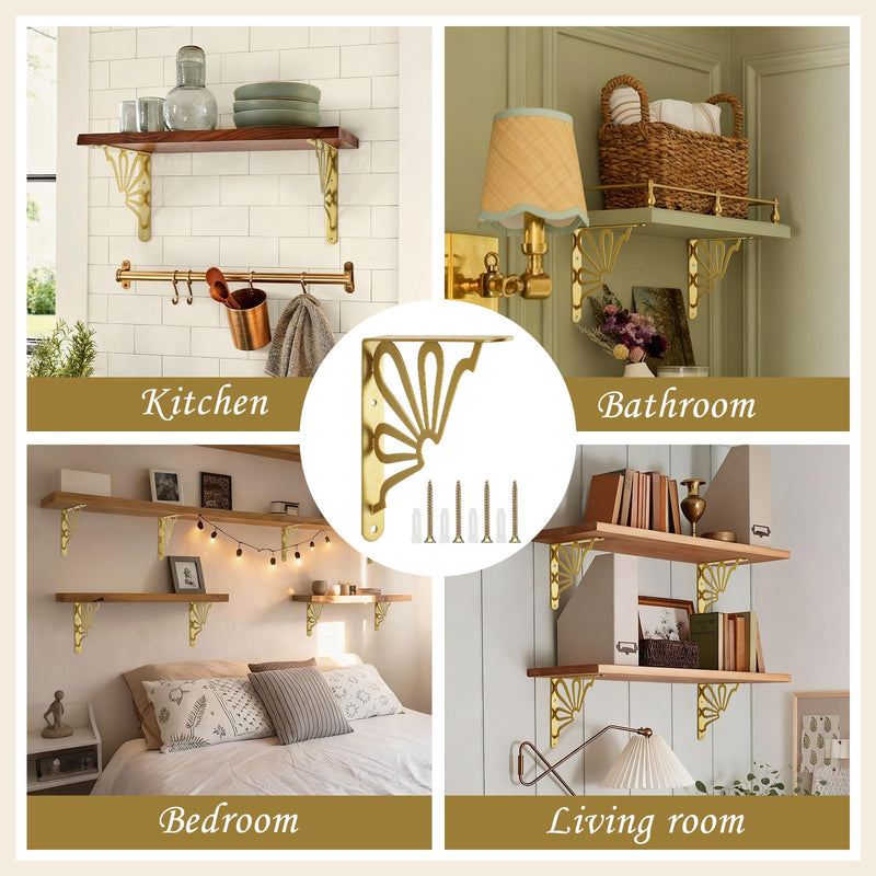 Lounsweer 2 Pcs 8inch Decorative Gold Shelf Bracket Heavy Duty Wall Mounted Support Modern Metal Floating L Shaped Shelf Rack with Hardware for DIY Kitchen Shelving Wall Decor Sun