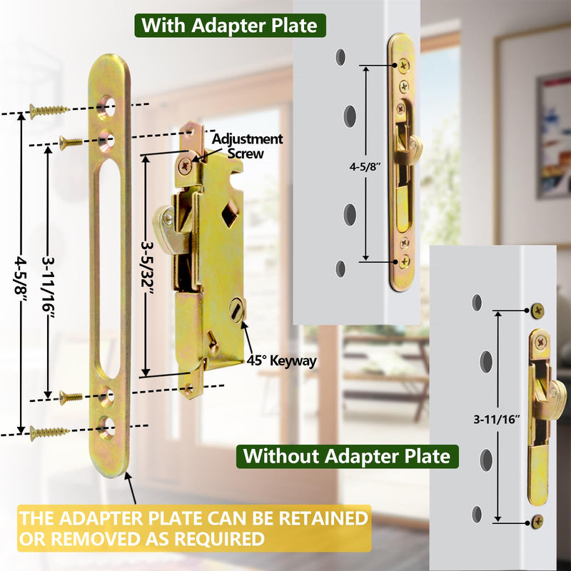 Patio Sliding Glass Door Handle Set with Mortise Lock 45° Keyway, Keyed Offset Position Zinc Diecast I/E Pull Handles, Fits 3-15/16" H.C., 1-3/8" to 2-1/4" Thick Doors, Non-Handed, Black
