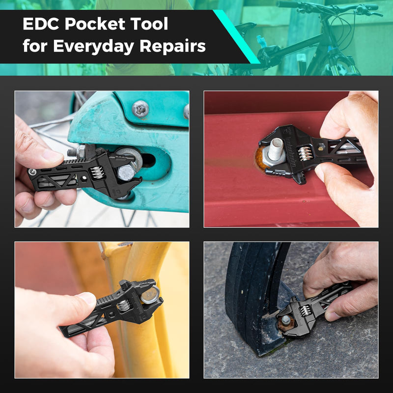 FEGVE Mini Adjustable Pocket Wrench Tool, 316 Stainless Steel | Mini Portable, 4-In-1 Multi Tool, 0-18mm Adjustable Jaw, for Bike Home Outdoor Emergency Daily Repair,Black Black