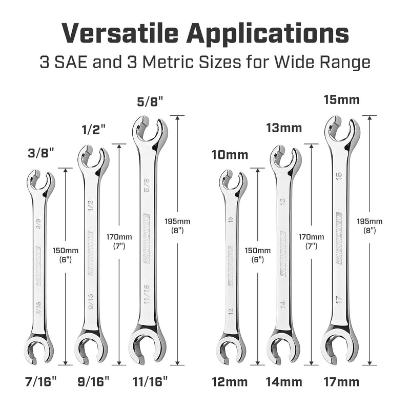Flare Nut Wrench Set: 6-piece SAE & Metric Line Wrench Set for Removing or Replacing Nuts on Fuel, Brake or Air Conditioning Lines, Organizer Pouch Included