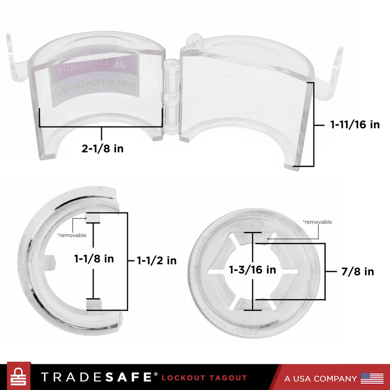 TRADESAFE Emergency Stop Button Cover Lockout - Round Transparent Push Button Switch Cover, 7/8-inch up to 1-1/2 inch Hole Diameter, 3-Piece Push Button Lockout 3 piece set - Round Type